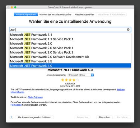 CrossOver: Nach Microsoft .Net Framework 4 suchen